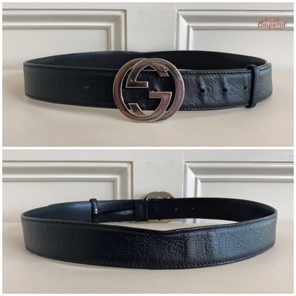 Authentic Gucci Black Guccissima Leather Silver Interlocking G Buckle Belt 95/38 - Picture 5 of 14